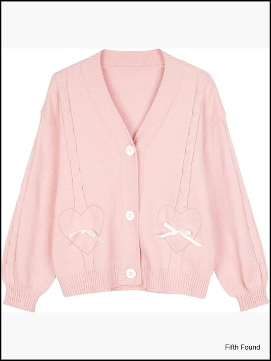 Sweaters - Cozy V-Neck Cardigan with Bowknot Heart Pattern S-2XL